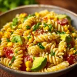 Bowl of Perfect Mexican Street Corn Pasta Salad with colorful ingredients