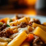 Delicious Philadelphia cheesesteak pasta topped with melted cheese and herbs