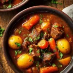 Delicious rich Dutch oven beef stew simmering with vegetables and herbs