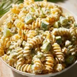 Simple dill pickle pasta salad served in a bowl with fresh herbs