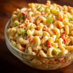 Small macaroni salad served in a bowl with colorful vegetables