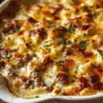 Sour cream beef noodle casserole layered with beef, noodles, and creamy topping.