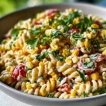 Delicious Street Corn Pasta Salad with vibrant ingredients and flavors.