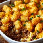 Delicious tater tot casserole with ground beef fresh out of the oven