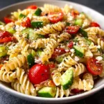 Delicious pasta salad with Italian dressing and colorful veggies