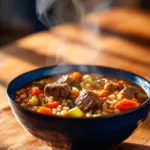 Delicious bowl of beef barley stew, rich with vegetables and savory flavors