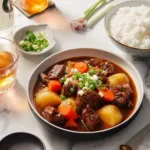 Bowl of traditional Japanese stew with vegetables and meat