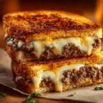 Ultimate cheesy ground beef melt topped with melted cheese and served warm.