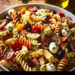 A colorful Zesty Italian Pasta Salad with fresh vegetables and dressing