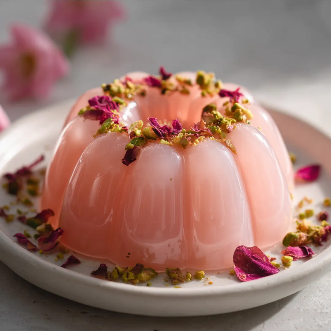 Rose Milk Gelatin Recipe 1 Rose milk gelatin recipe served on white plate with pistachios