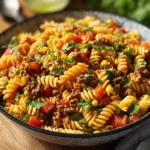 Bowl of vibrant taco pasta salad with toppings and fresh ingredients