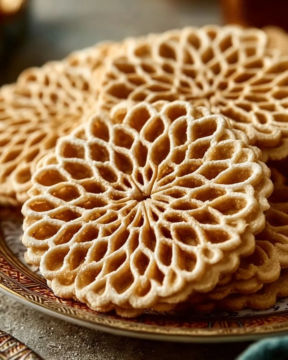 Anise Pizzelle Cookies 5 Freshly baked Anise Pizzelle cookies in a decorative pattern