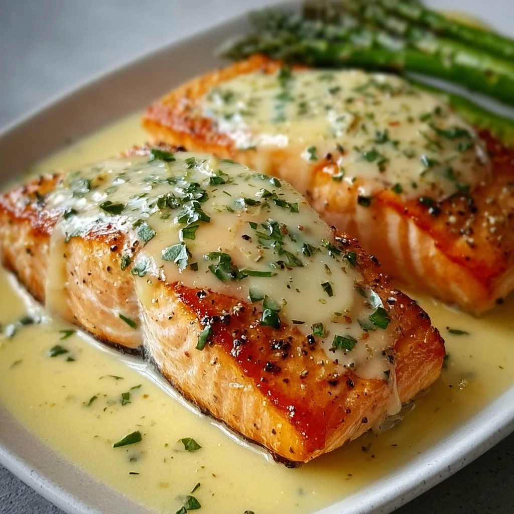Baked Salmon with Lemon Butter Cream Sauce 6 Baked salmon fillet with lemon butter cream sauce garnished with herbs