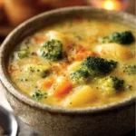 Bowl of creamy Broccoli Potato Cheese Soup topped with cheese and parsley