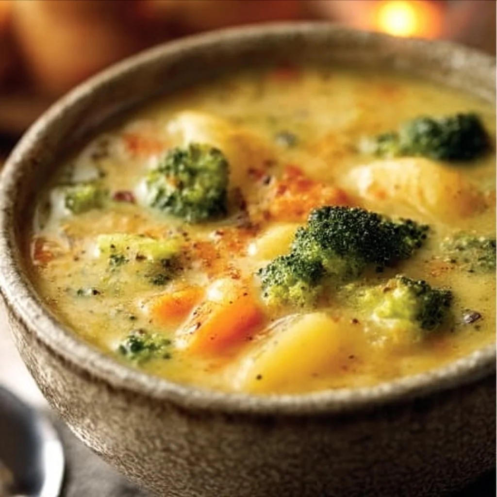 Broccoli Potato Cheese Soup Recipe 3 Bowl of creamy Broccoli Potato Cheese Soup topped with cheese and parsley