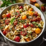 Bruschetta Pasta Salad with Mini Mozzarella Balls served in a bowl