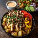 Delicious and colorful burger bowls with fresh toppings and ingredients