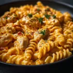 Cajun Cream Cheese Chicken Pasta Bake topped with cheese and herbs in a baking dish
