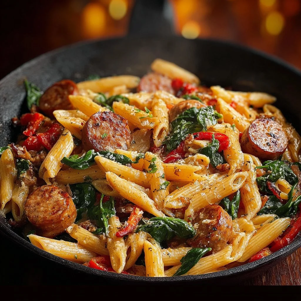 Cajun Sausage Pasta 6 A savory bowl of Cajun Sausage Pasta topped with herbs and spices.