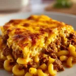 Cheesy beef macaroni casserole topped with melted cheese and herbs