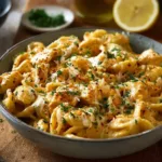 Creamy cheesy chicken pasta dish with chicken, cheese, and pasta in a bowl