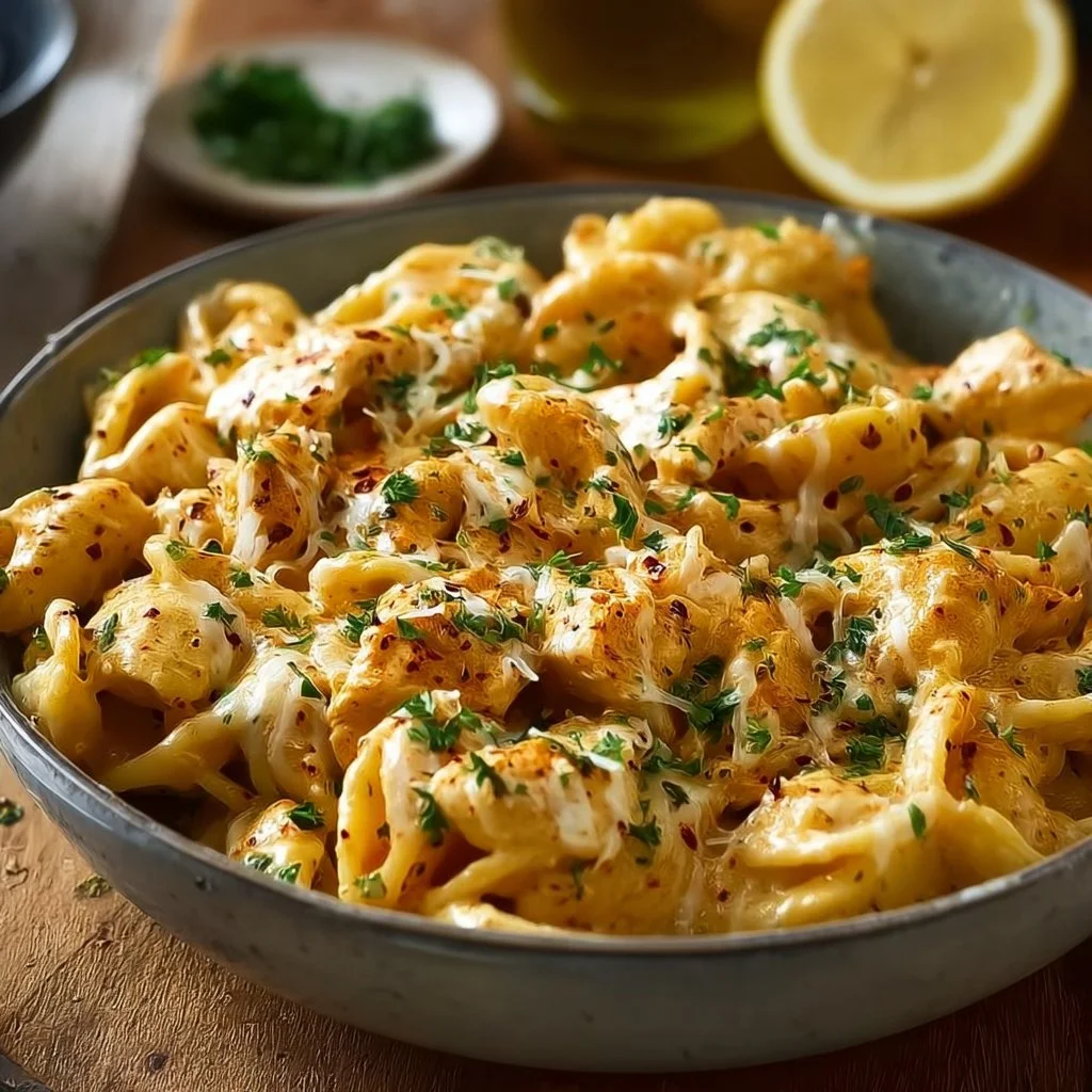 Cheesy Chicken Pasta 4 Creamy cheesy chicken pasta dish with chicken, cheese, and pasta in a bowl