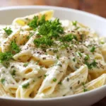 Delicious cheesy penne pasta topped with melted cheese and herbs