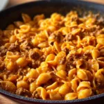 Bowl of cheesy taco pasta garnished with cheese and cilantro
