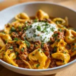Delicious Cheesy Taco Tortellini Bowl topped with fresh ingredients