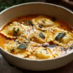 Bowl of chicken pot pie soup with vegetables and herbs