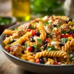 Delicious Chicken Taco Pasta Salad served in a bowl, showcasing colorful ingredients.