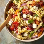 Colorful Classic Pasta Salad with fresh vegetables and dressing in a bowl