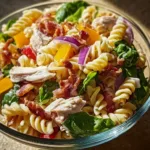 Club Sandwich Pasta Salad featuring layers of pasta, turkey, bacon, and vegetables