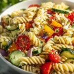 Healthy cold pasta salad served in a bowl with fresh vegetables and dressing.