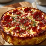 Cottage cheese pizza bowl topped with fresh vegetables and herbs