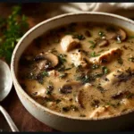 Creamy chicken and mushroom soup in a bowl garnished with herbs