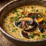 A bowl of creamy garlic mushroom soup topped with fresh herbs