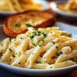 Creamy garlic penne pasta topped with herbs in a white bowl.