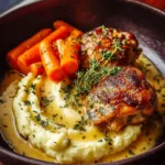 Creamy herb chicken thighs served on a plate with fresh herbs.