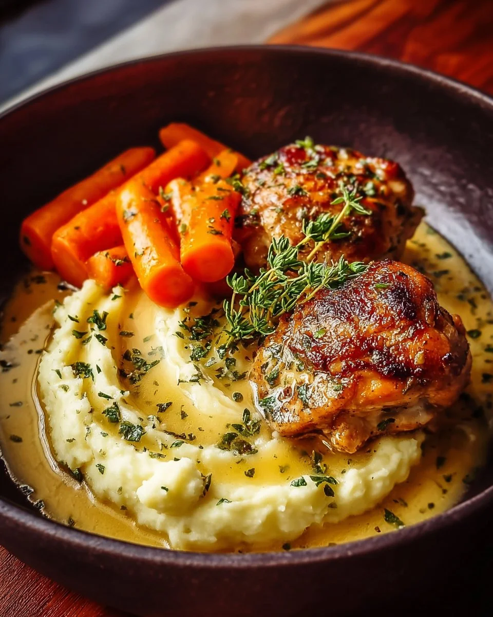 Creamy Herb Chicken Thighs 6 Creamy herb chicken thighs served on a plate with fresh herbs.