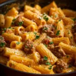 Delicious creamy Italian sausage rigatoni served in a bowl with herbs