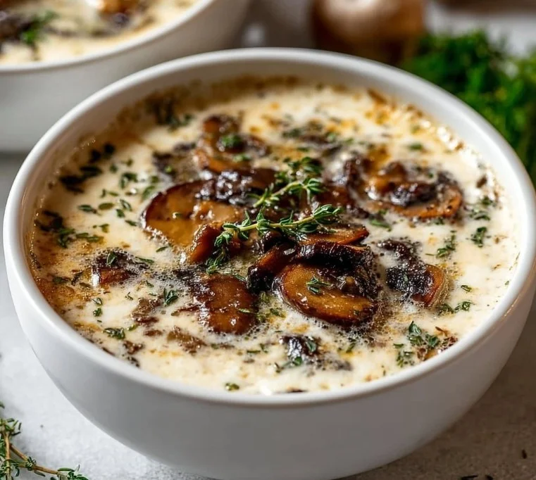 Creamy Mushroom Soup 6 Bowl of creamy mushroom soup garnished with fresh herbs and mushrooms