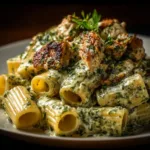 Creamy pesto chicken pasta served with fresh herbs and grated cheese.