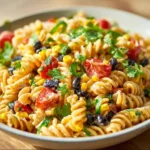Creamy Ranch Taco Pasta Salad served in a bowl with colorful toppings.
