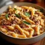 Creamy Rotel pasta with ground beef served in a bowl