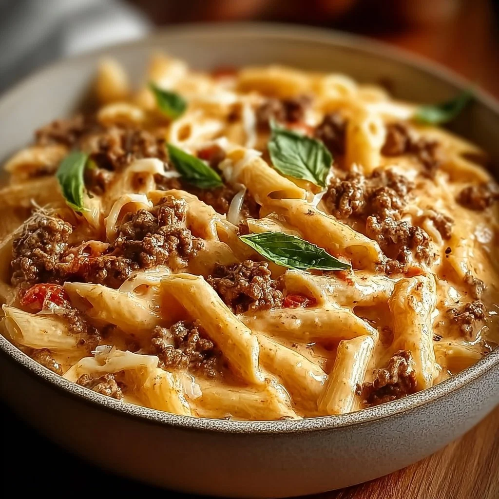 Creamy Rotel Pasta with Ground Beef 2 Creamy Rotel pasta with ground beef served in a bowl