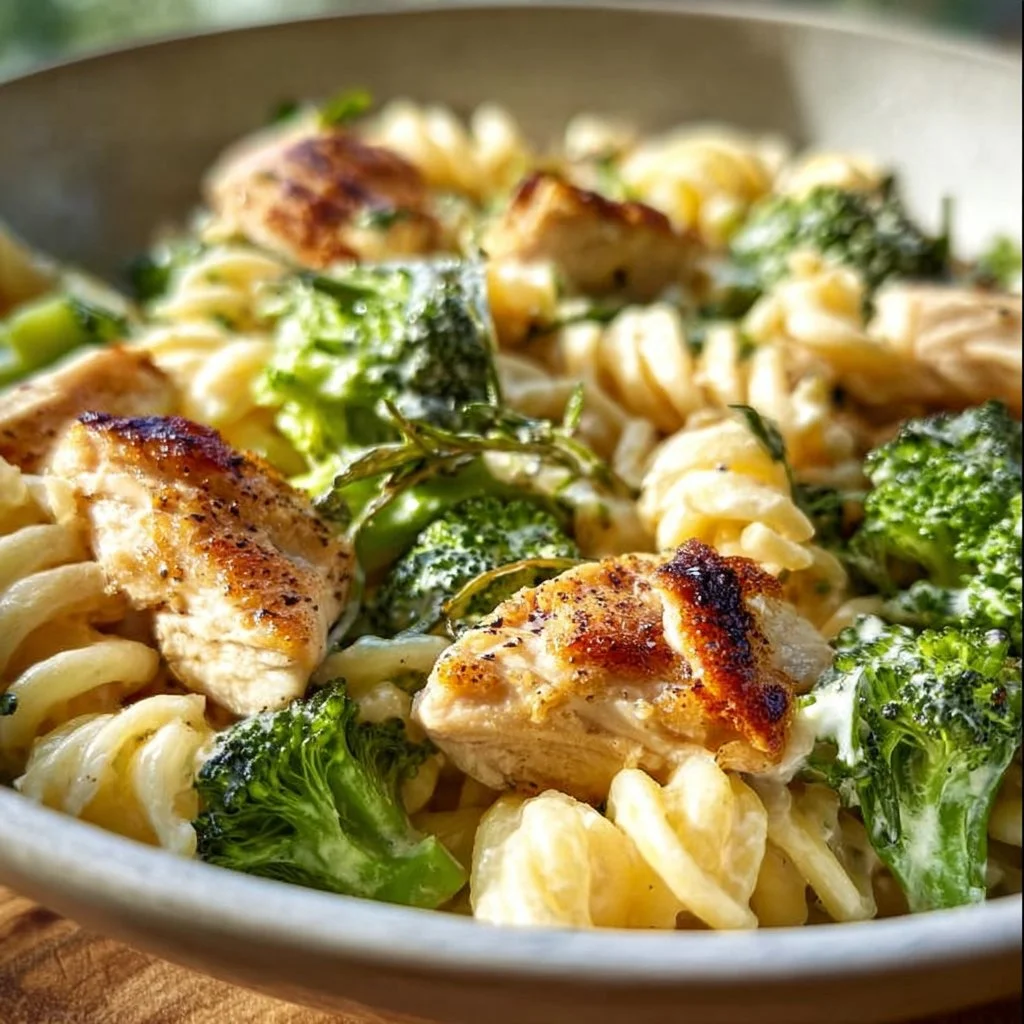 Creamy Rotisserie Chicken Broccoli Pasta 5 Creamy rotisserie chicken and broccoli tossed with pasta in a savory sauce