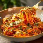 Creamy tomato garlic pasta served on a white plate with fresh herbs.