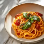 Delicious creamy tomato pasta served in a bowl with fresh basil garnish.