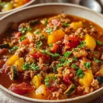 Crock Pot Shipwreck Stew in a bowl, garnished with herbs and served hot.